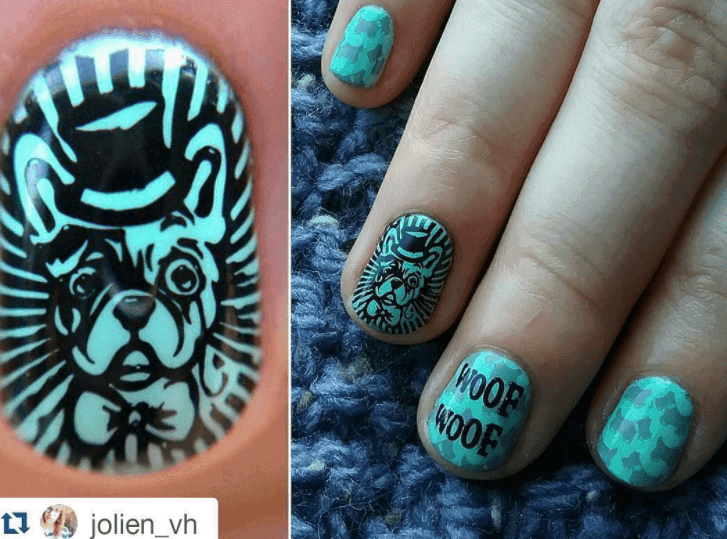Zielono-czarny manicure z psim motywem"