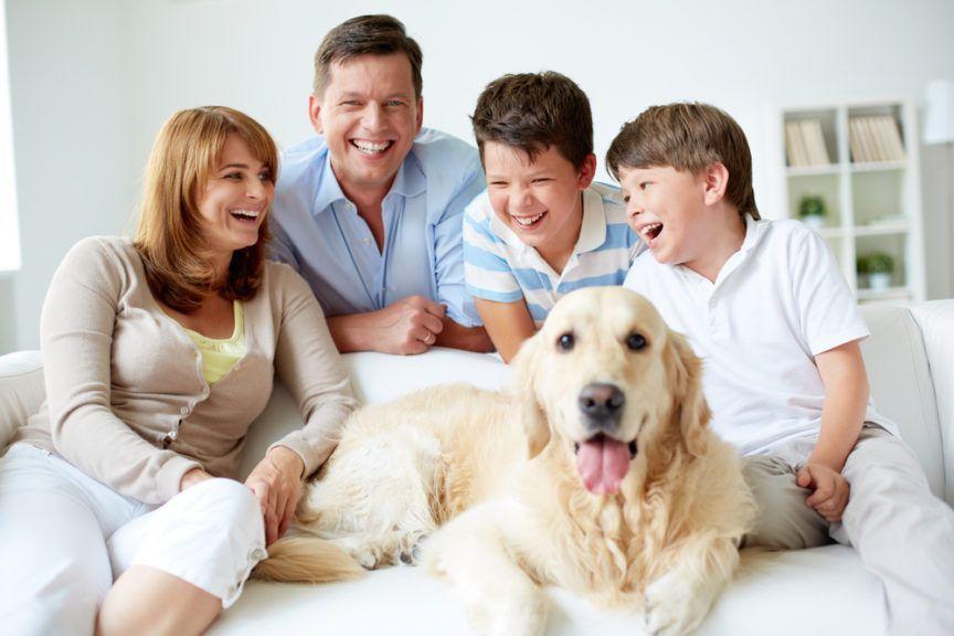 Rodzina posuje z psem do zdjęcia