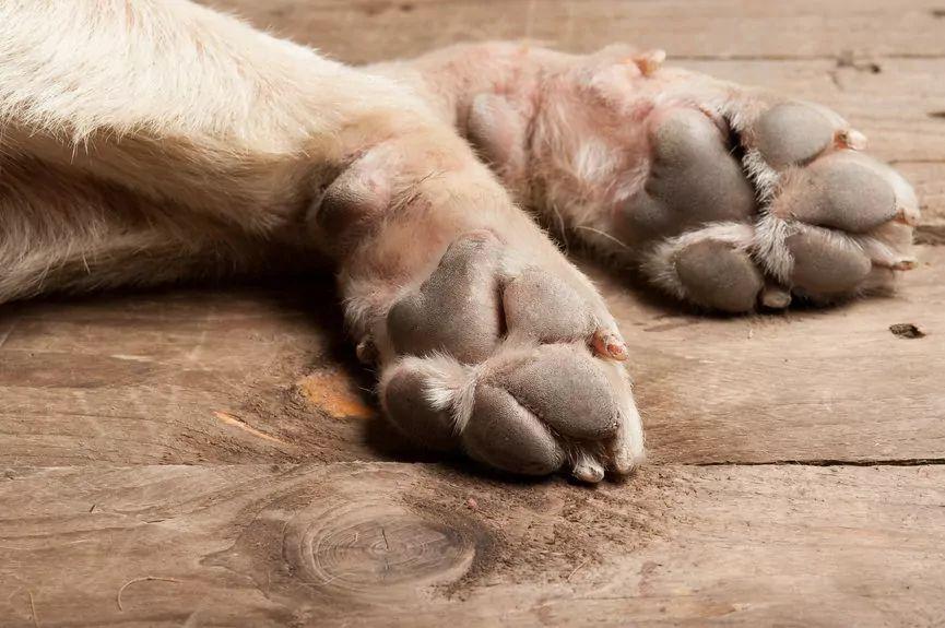Psie łapy na drewnianej podłodze