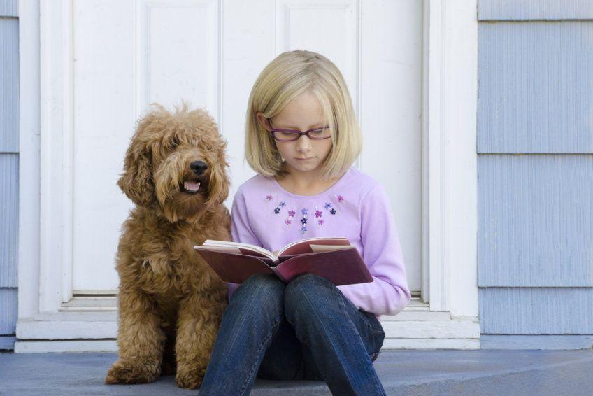 pies siedzi obok dziewczynki, która czyta bajkę