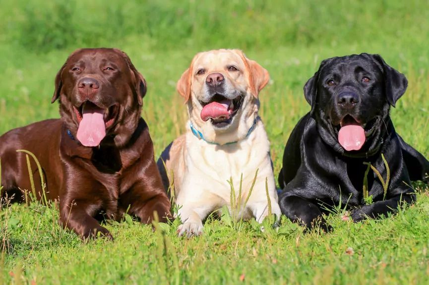 Trzy labradory leżą na trawie